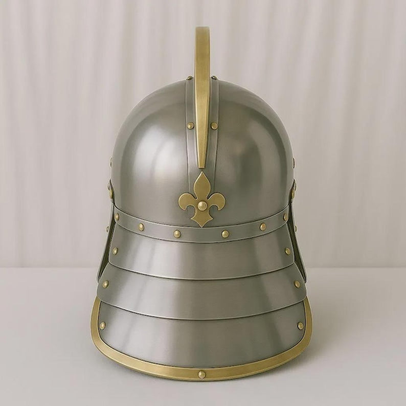 16th Century Burgonet Helmet in steel and brass with cheek guards for Renaissance reenactment or cosplay