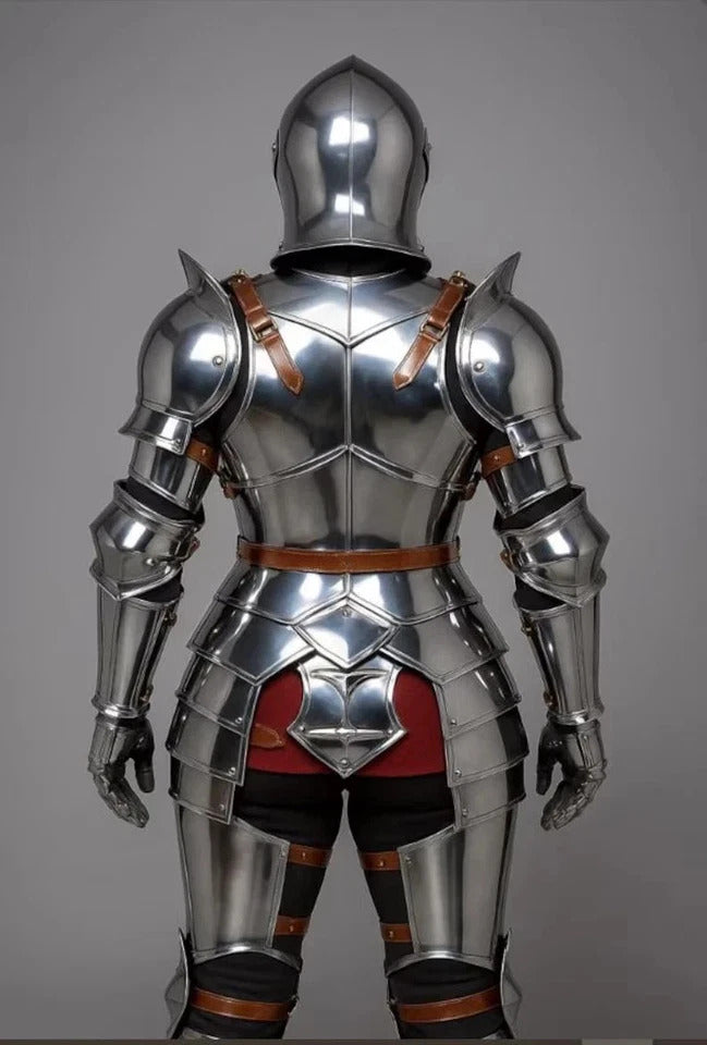 18 gauge handcrafted medieval female plate armor featuring helmet, cuirass, pauldrons and bracers for fantasy warrior costume