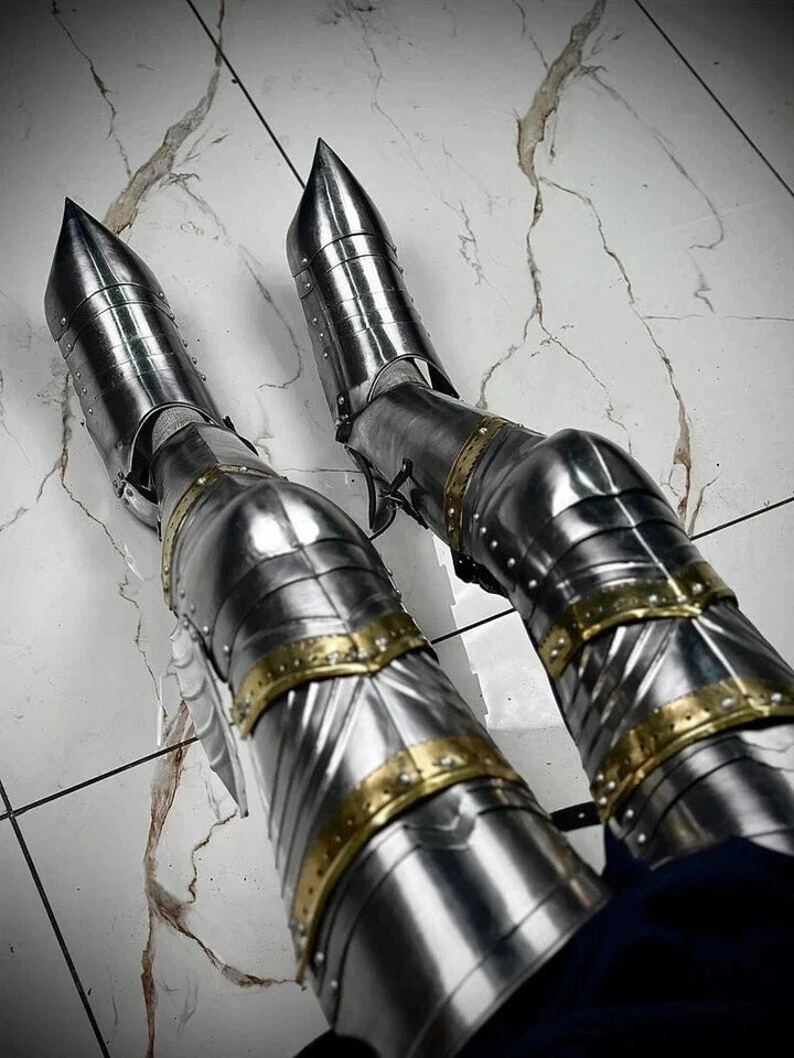 18 gauge mild steel leg armor with adjustable leather straps for secure fit