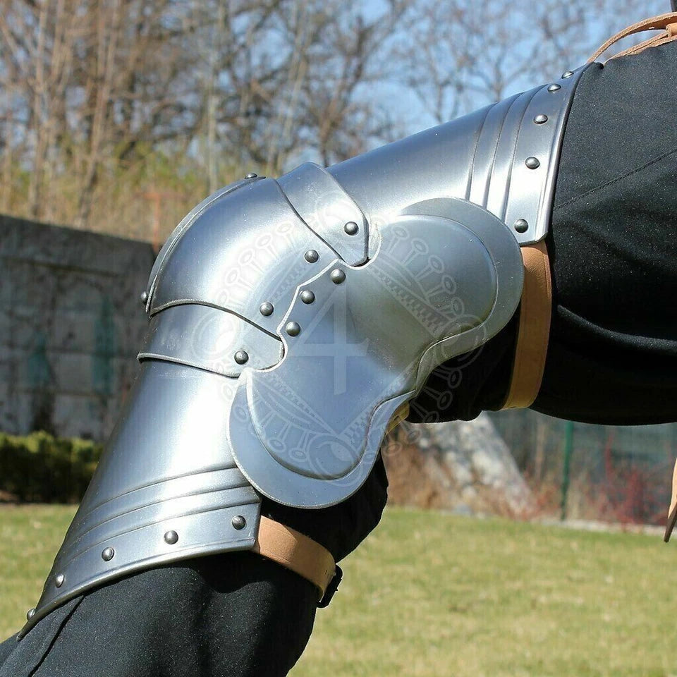 18 gauge steel leg greaves cosplay armor for Halloween, reenactment, and LARP