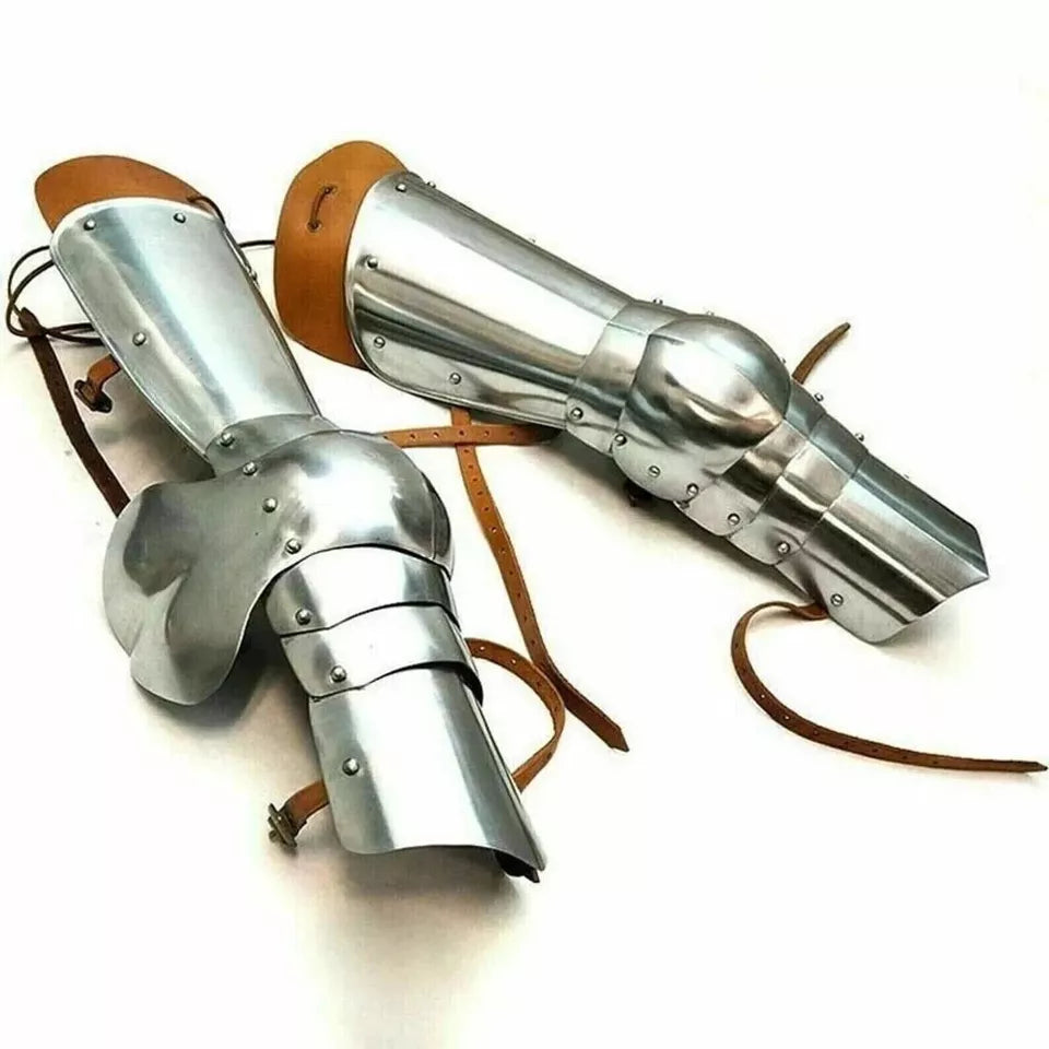 18 gauge steel leg guards with leather straps for adult medieval costume use