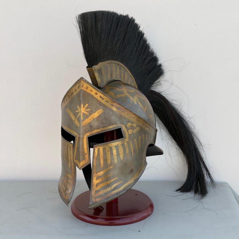 Side angle of 300 movie Spartan helmet replica showing detailed Greek warrior design