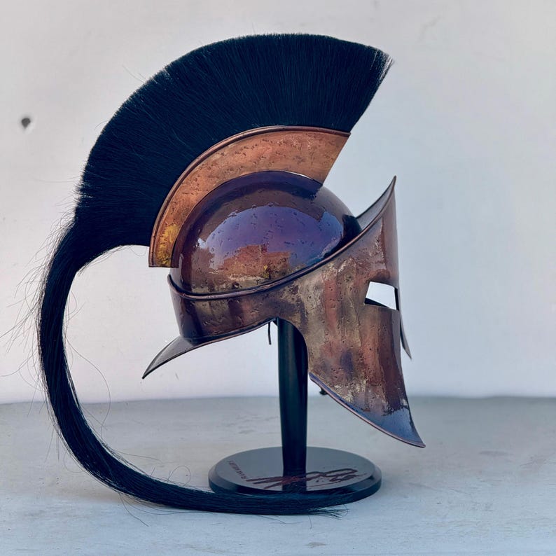 Side profile of 300 movie Spartan helmet replica with authentic steel finish and ancient Greek design