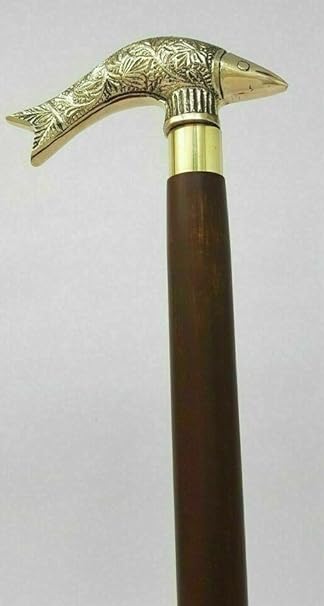 36 Inch Handcrafted Brass Fish Head Walking Stick with Rubber Shaft