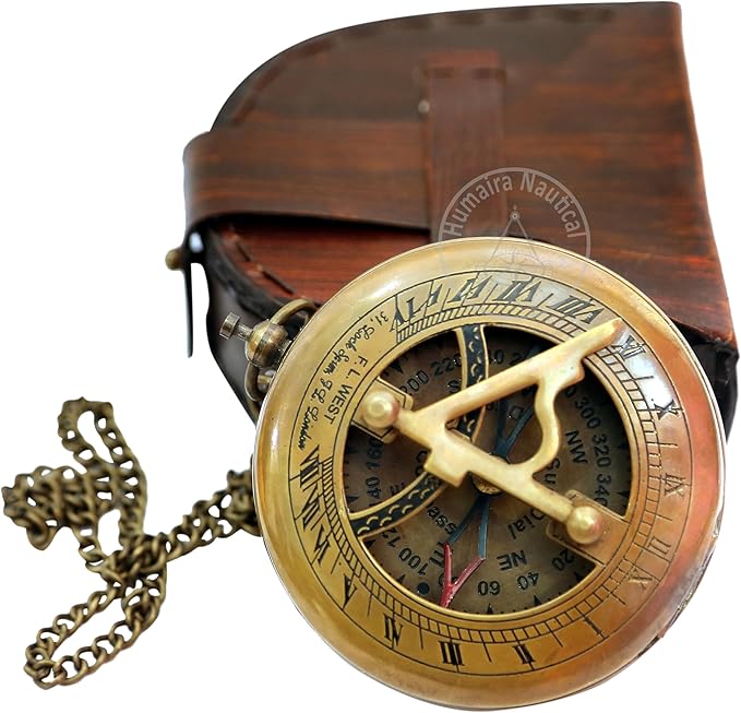 Handgefertigter Sonnenuhrkompass aus Messing mit Lederetui und Kette – Steampunk-Vintage-Geschenkuhr