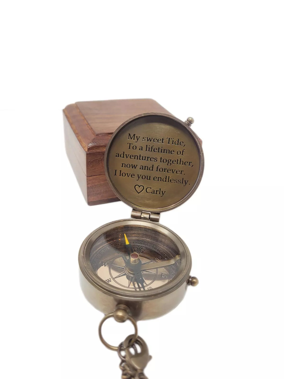 Front view of Artisans Hub personalized nautical compass with brass finish