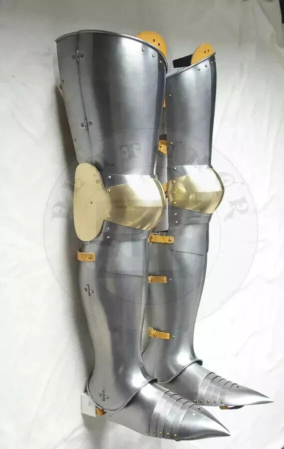 Back view of greaves with adjustable leather straps on medieval gothic leg armor set