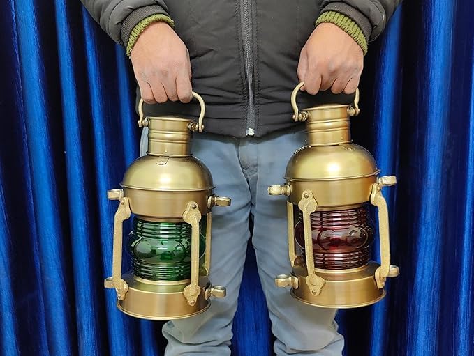 Antique Anchor Oil Lamp vintage marine lantern in red and green nautical set