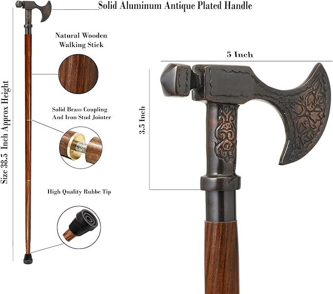 Antique axe head walking cane for men and women