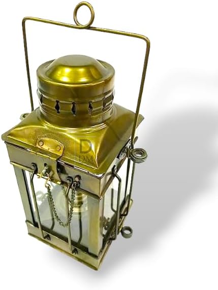Antique Brass Polished Nautical Hanging Lantern with Functional Oil Lamp