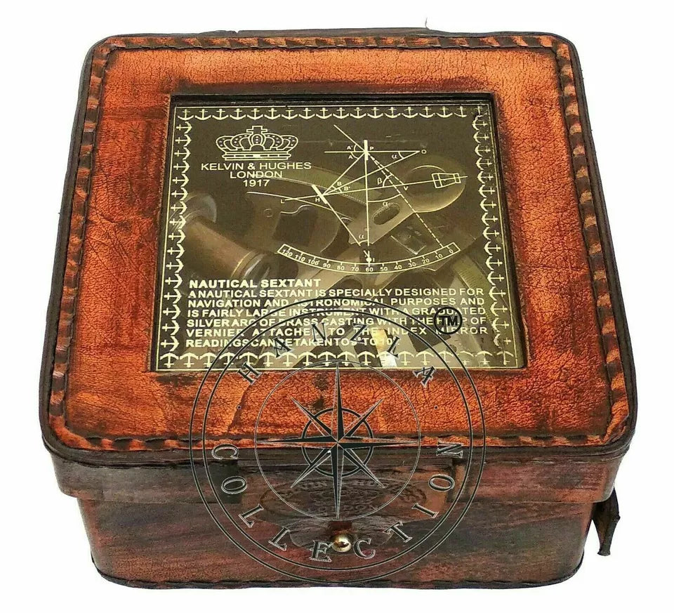 Antique brass sextant featuring clear glass optics and handcrafted finish