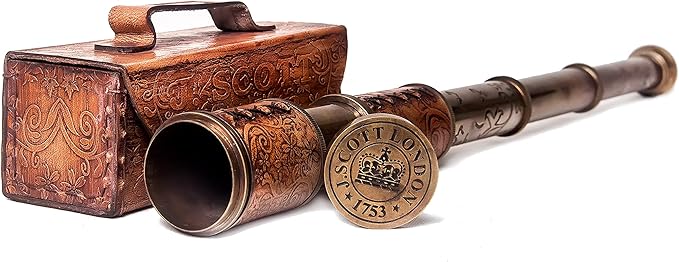 Antique brass spyglass telescope with vintage leather case for nautical decor