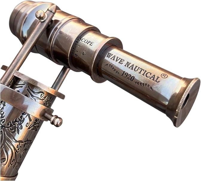 Antique style wooden cane with elegant brass telescope and compass details