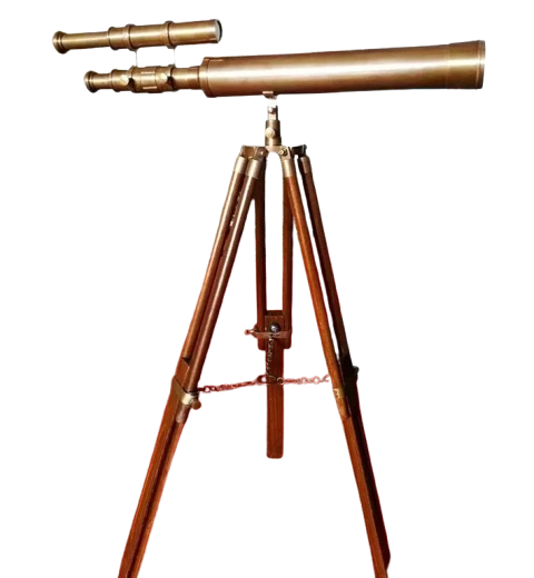 Alt Text: Artisans Hub antique brass telescope with adjustable wooden tripod, elegant vintage decor piece