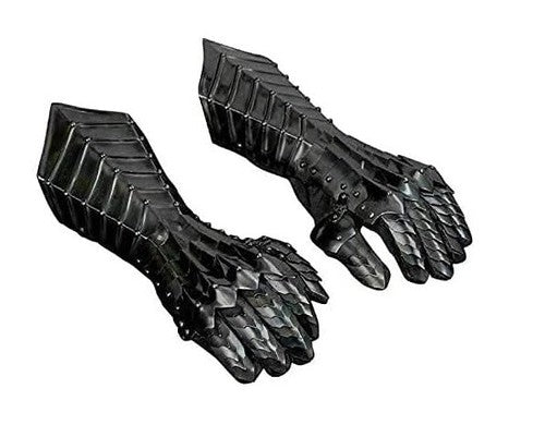 Exterior view of Artisans Hub black antique medieval gauntlets showcasing Gothic-style 18-gauge steel construction and antique finish