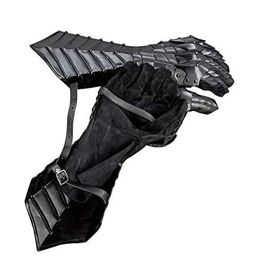 Interior view of Artisans Hub black antique medieval gauntlets showing leather lining and arm support strip for comfort and secure fit