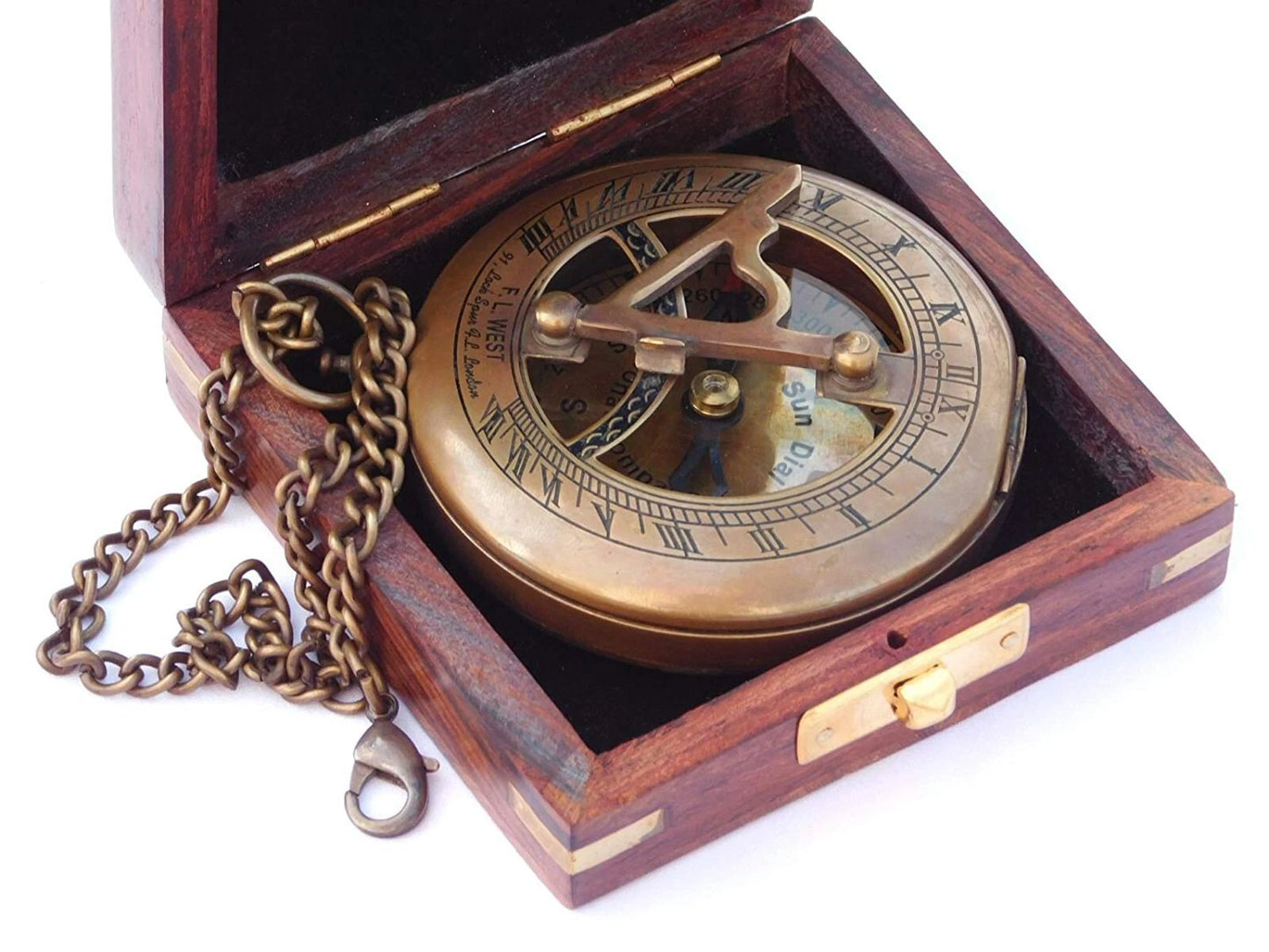 Detailed view of the Artisans Hub brass sundial compass placed inside a wooden gift box