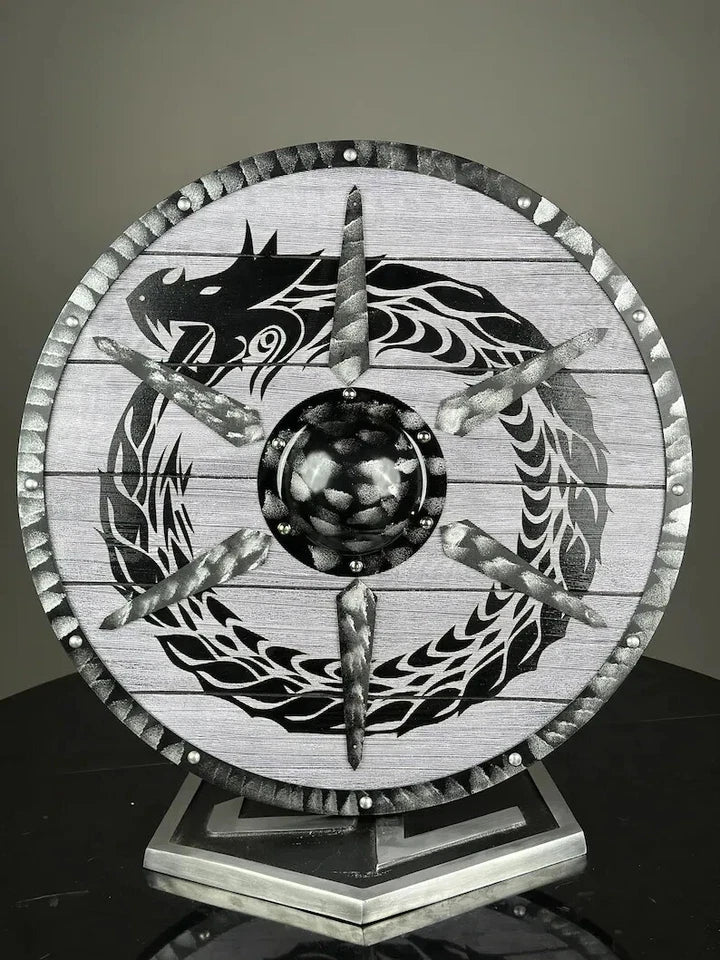 Front view of Artisans Hub Dragon Shield, 24-inch battle-worn Viking wooden shield