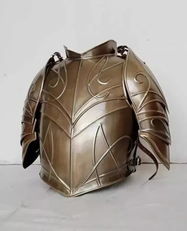 Close-up of pauldrons on Artisans Hub LOTR Elven Armor, handcrafted mild steel detail