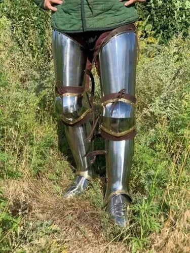 Handcrafted full leg armor set with polished metal finish by Artisans Hub