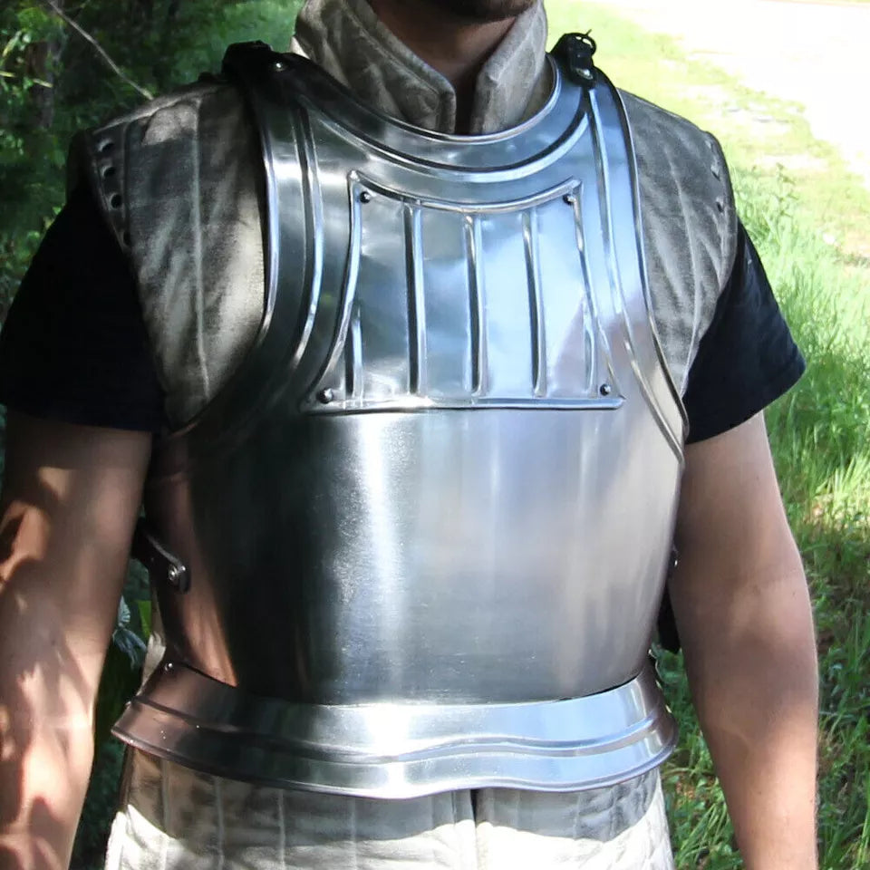 Model wearing Artisans Hub medieval Gothic armor breastplate with adjustable straps