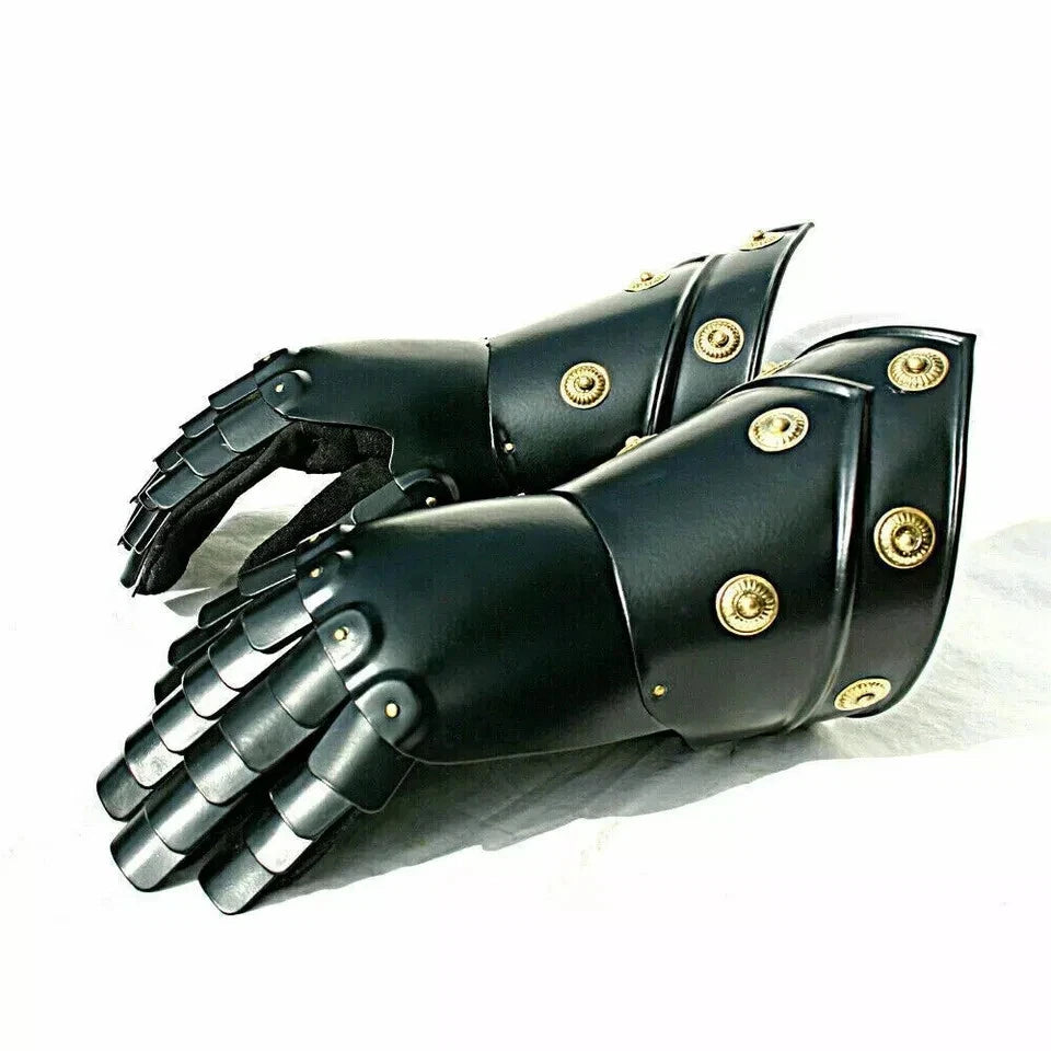 Side view of Artisans Hub black steel medieval knight gauntlets
