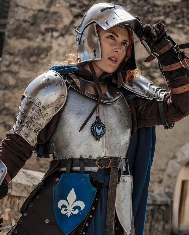 Close-up of cross-slit visor Barbuta helmet designed for female knights