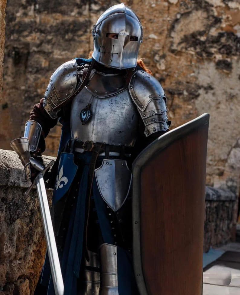 Rear view of full-body lady knight armor with detailed cuirass and greaves