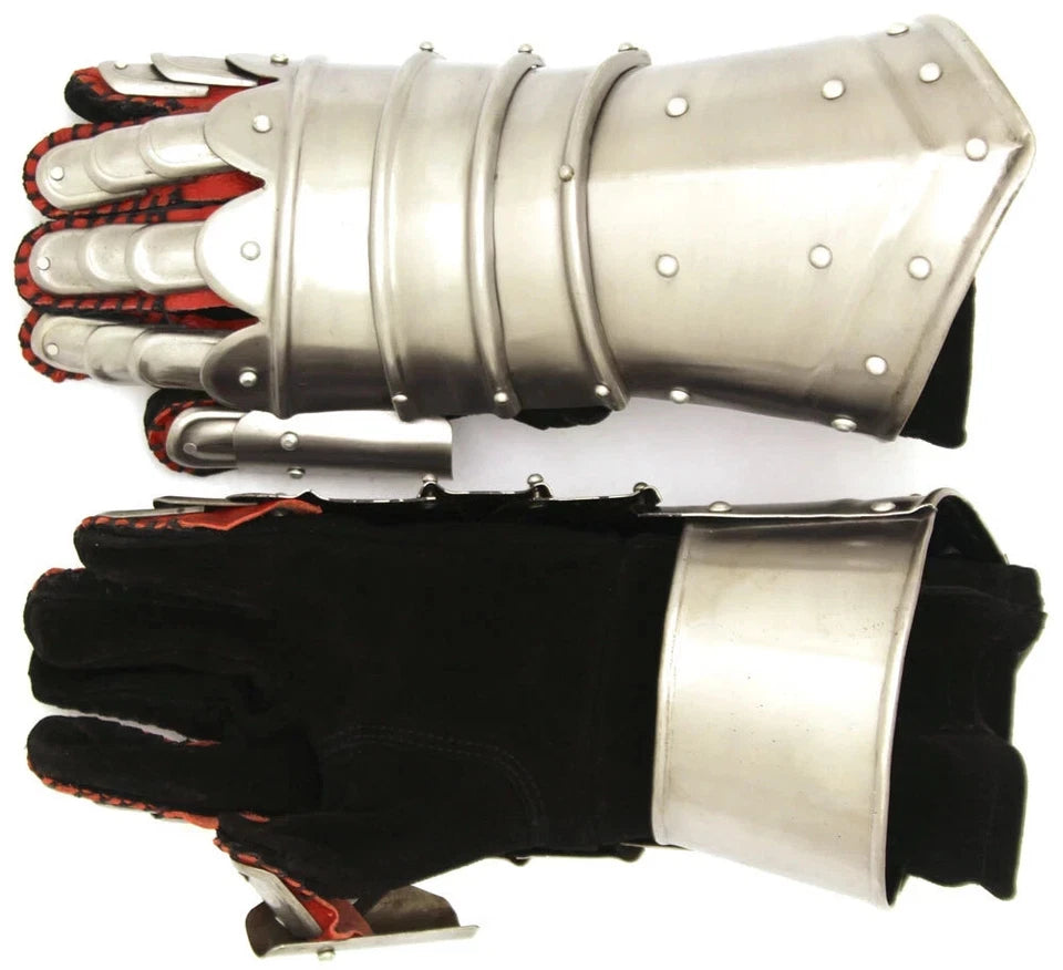 Close-up of Artisans Hub medieval gauntlets highlighting genuine suede leather straps and lacquered interior finish