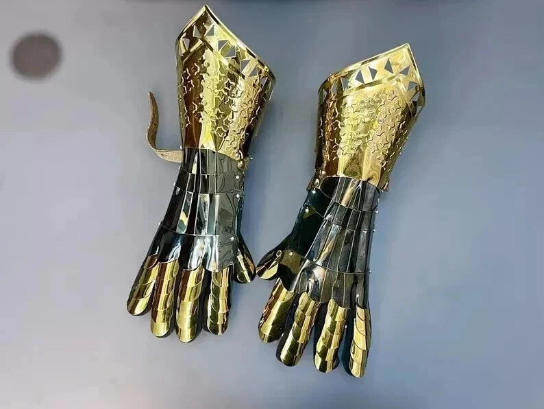 Close-up of polished 18-gauge steel detail on Artisans Hub Medieval Gauntlets