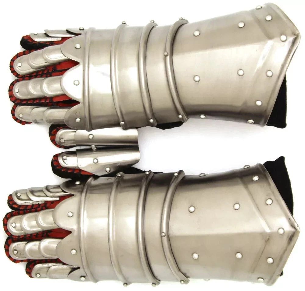 Front view of Artisans Hub medieval warrior metal Gothic knight style gauntlets showing polished carbon steel and riveted scale construction