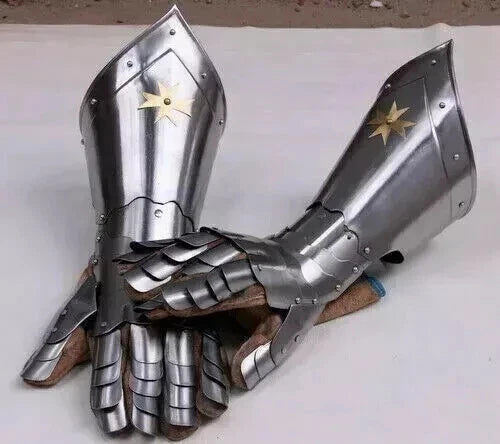 Close-up of Artisans Hub medieval knight gauntlets showing rust-free painted interior and thick leather straps