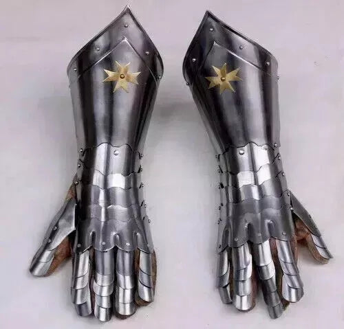 Front view of Artisans Hub medieval knight gauntlets made with 18 gauge steel and brass, featuring adjustable leather straps