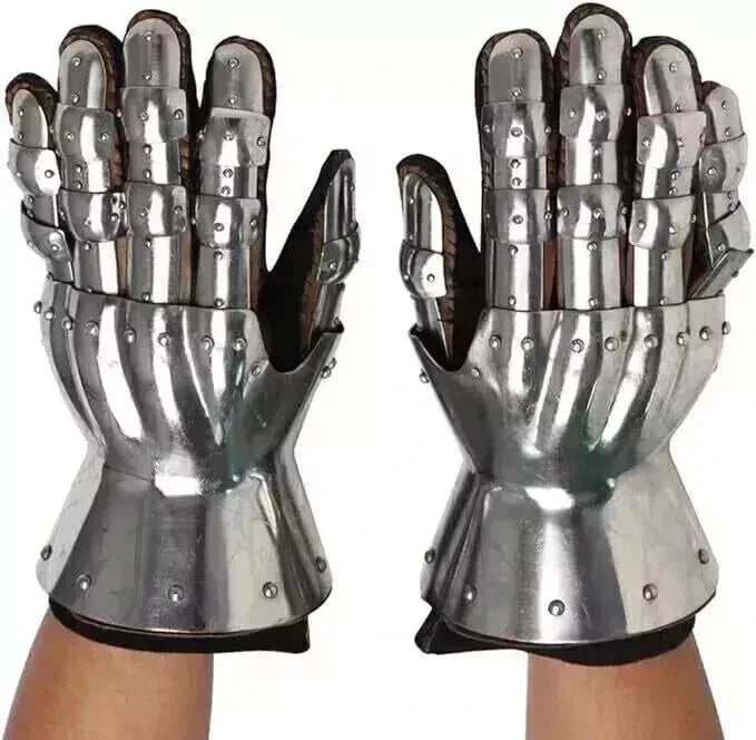 Front view of Artisans Hub medieval metal gothic knight style gauntlets made of steel with silver finish