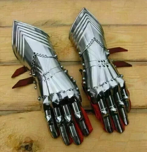 Detailed view of Artisans Hub medieval steel gauntlets showing detailed metalwork and fastening straps