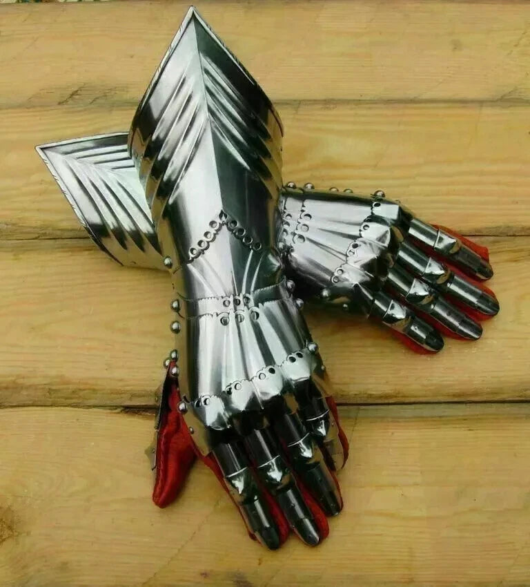 Front view of Artisans Hub medieval steel gauntlets with clear metal finish and adjustable fastenings