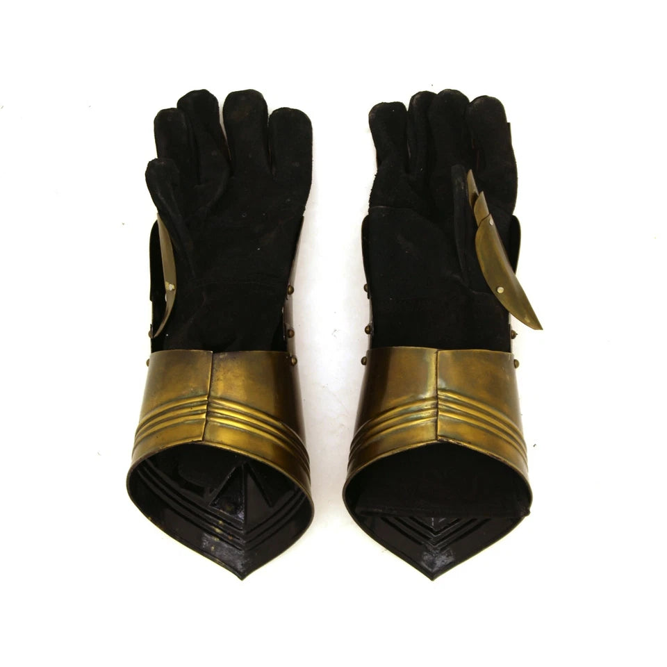 Back view of Artisans Hub medieval warrior metal gothic knight style gauntlets showing functional carbon steel construction and leather inserts