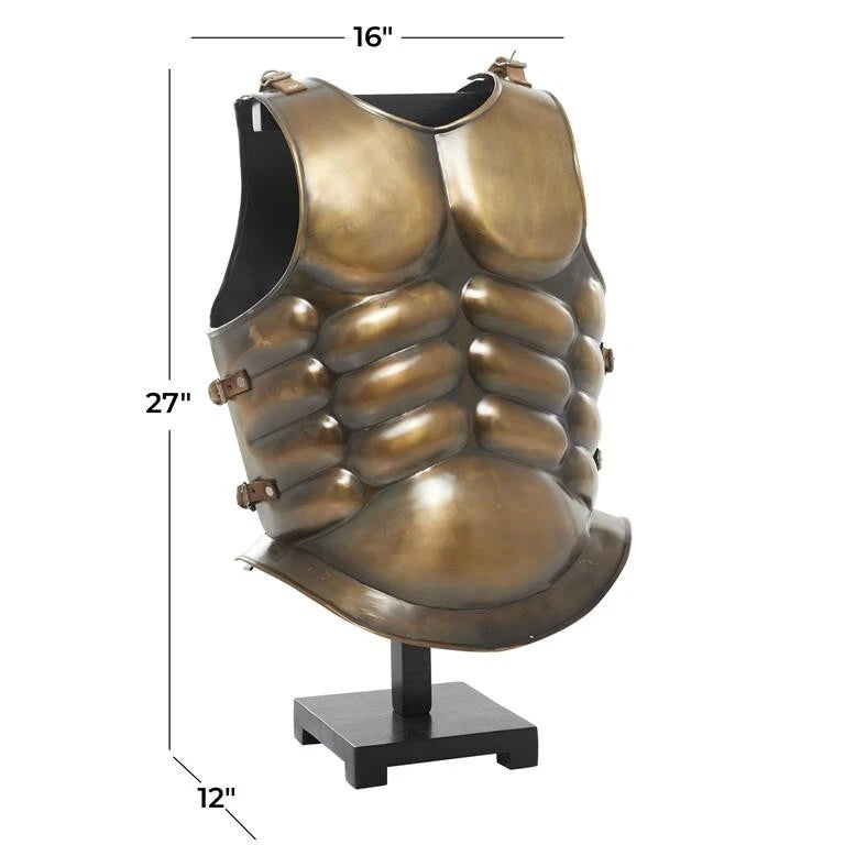 Close-up of polished bronze finish and leather detail on medieval chest armour