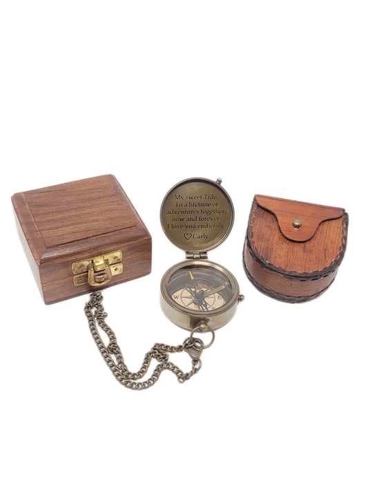 Artisans Hub nautical compass inside a brown leather pouch with chain