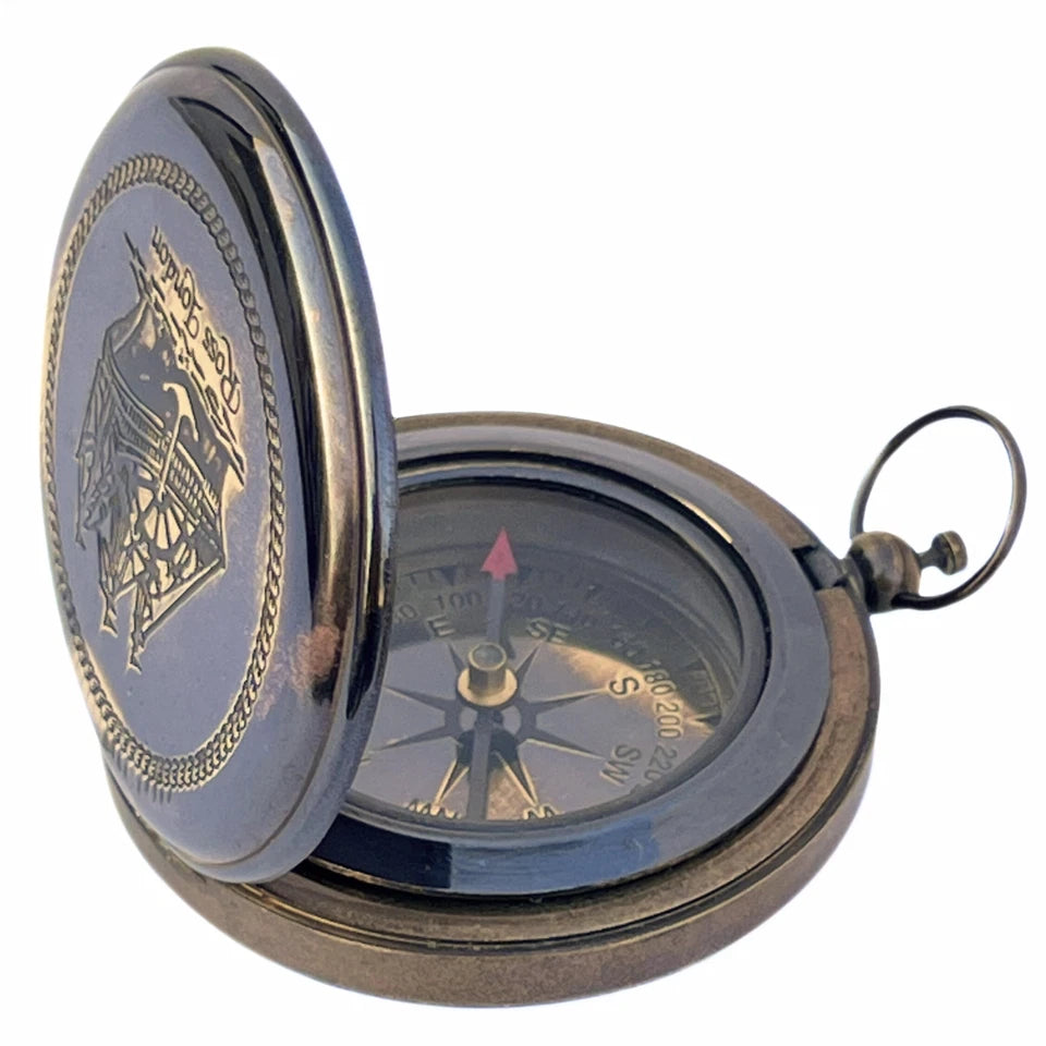 Side view of Artisans Hub Ross London pocket compass showing brass body and profile