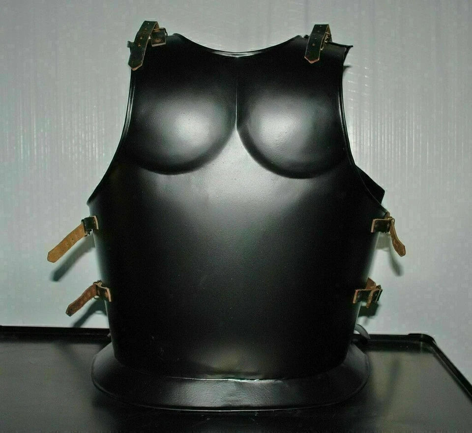 Back view of Artisans Hub Roman black muscle chest armor showing adjustable leather straps