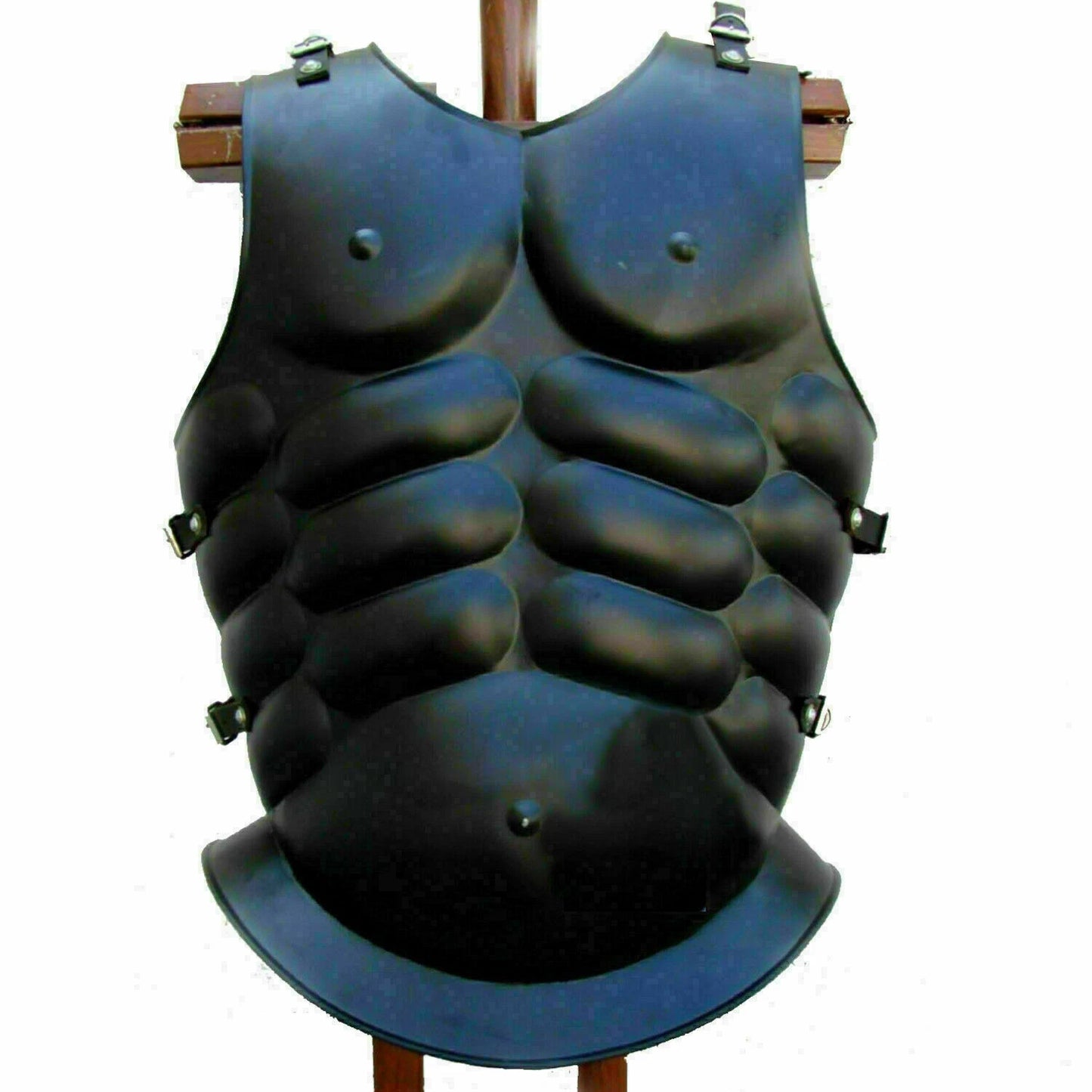 Front view of Artisans Hub Roman black muscle chest armor with flat black finish and leather straps