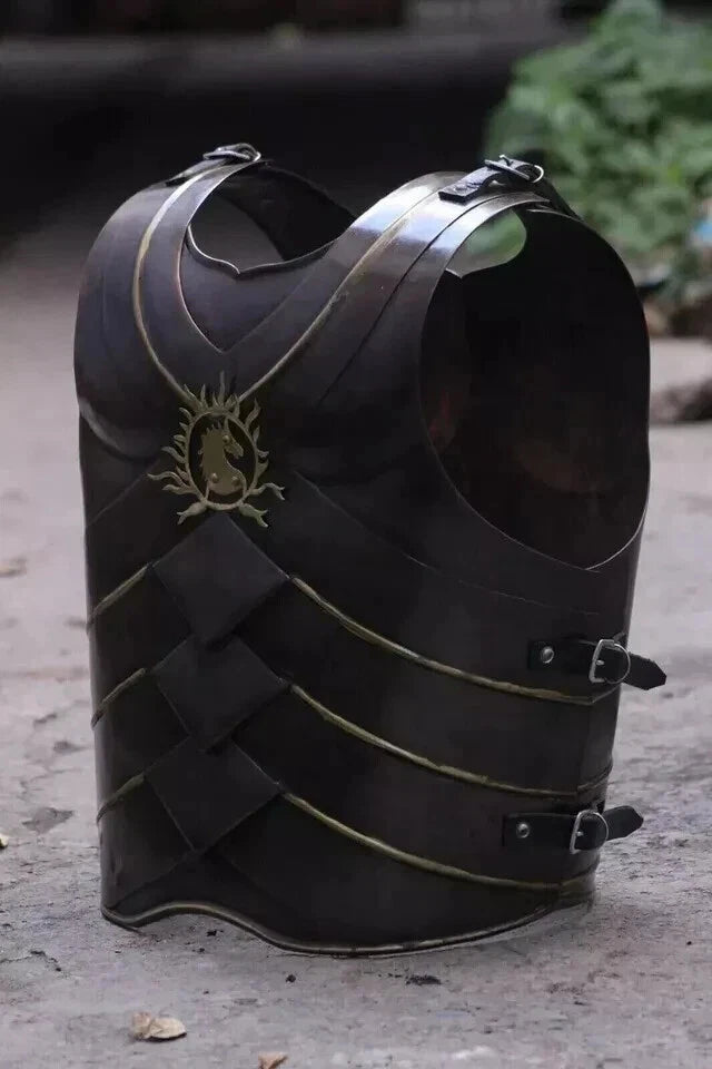 closer look of Artisans Hub medieval Roman Greek black muscle cuirass showing leather straps