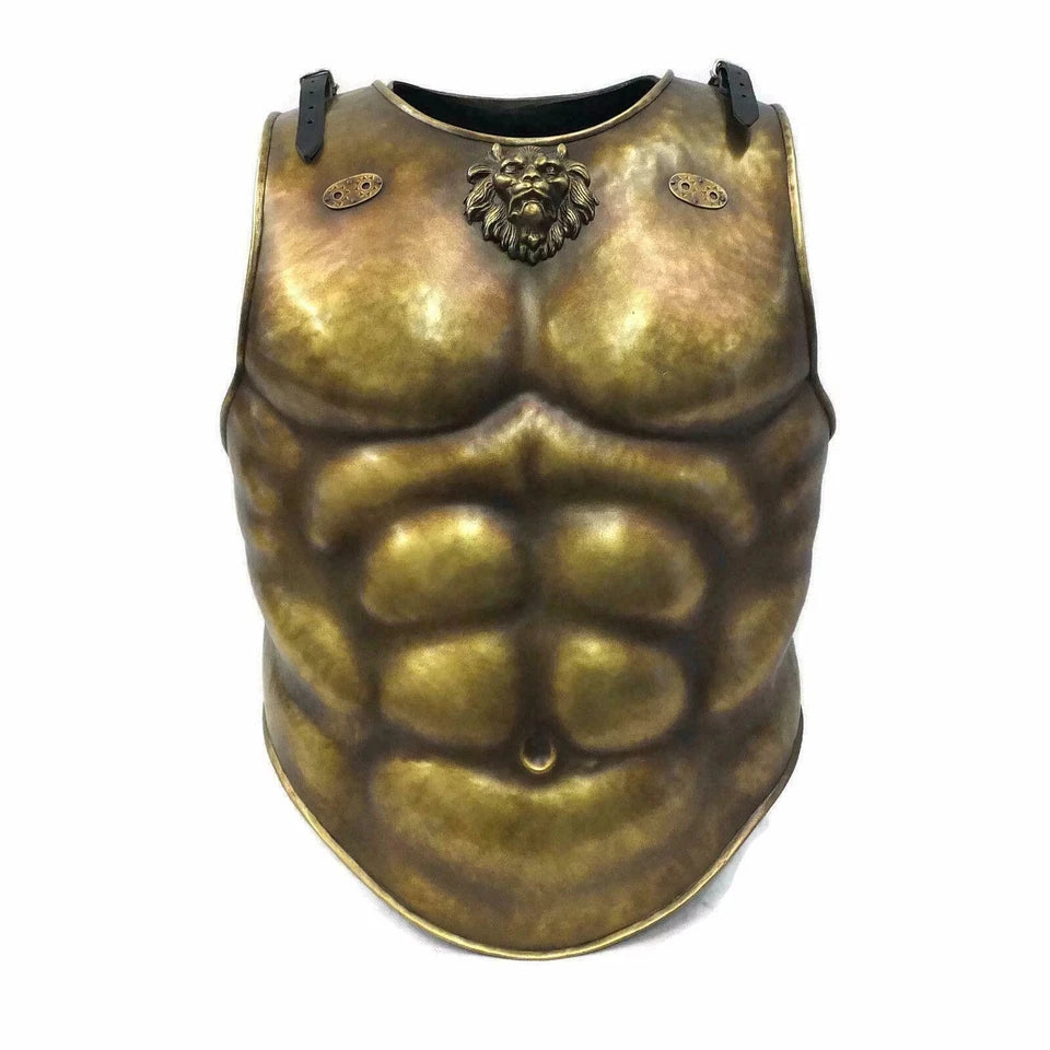 Front view of Artisans Hub Roman muscle cuirass made of mild steel with leather straps