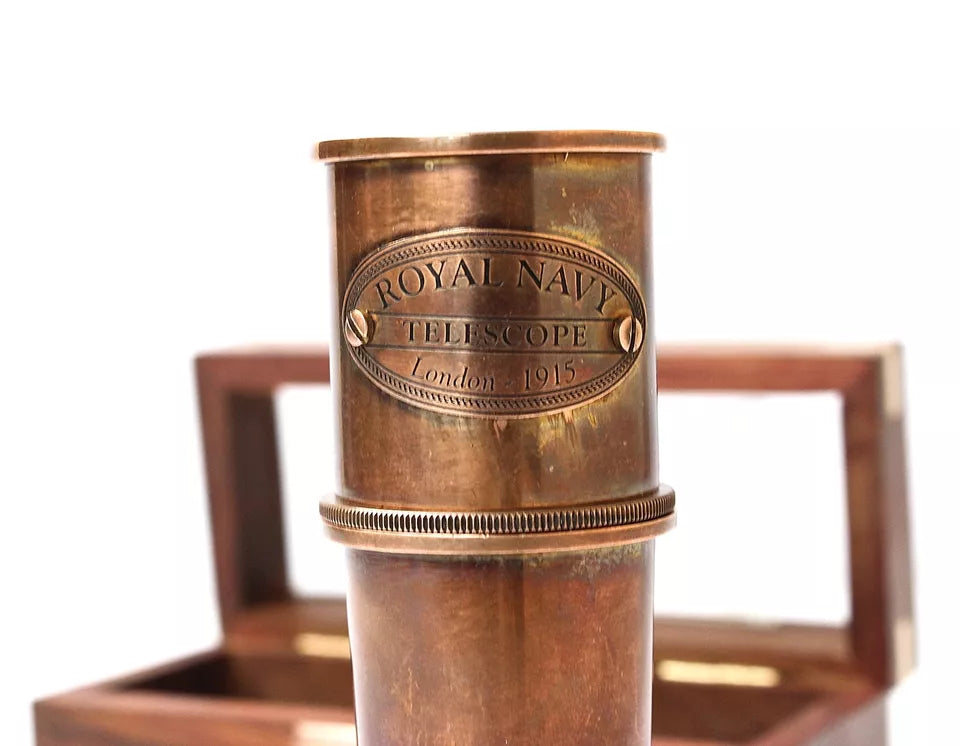 Close-up of lens and copper detailing on the Artisans Hub vintage telescope