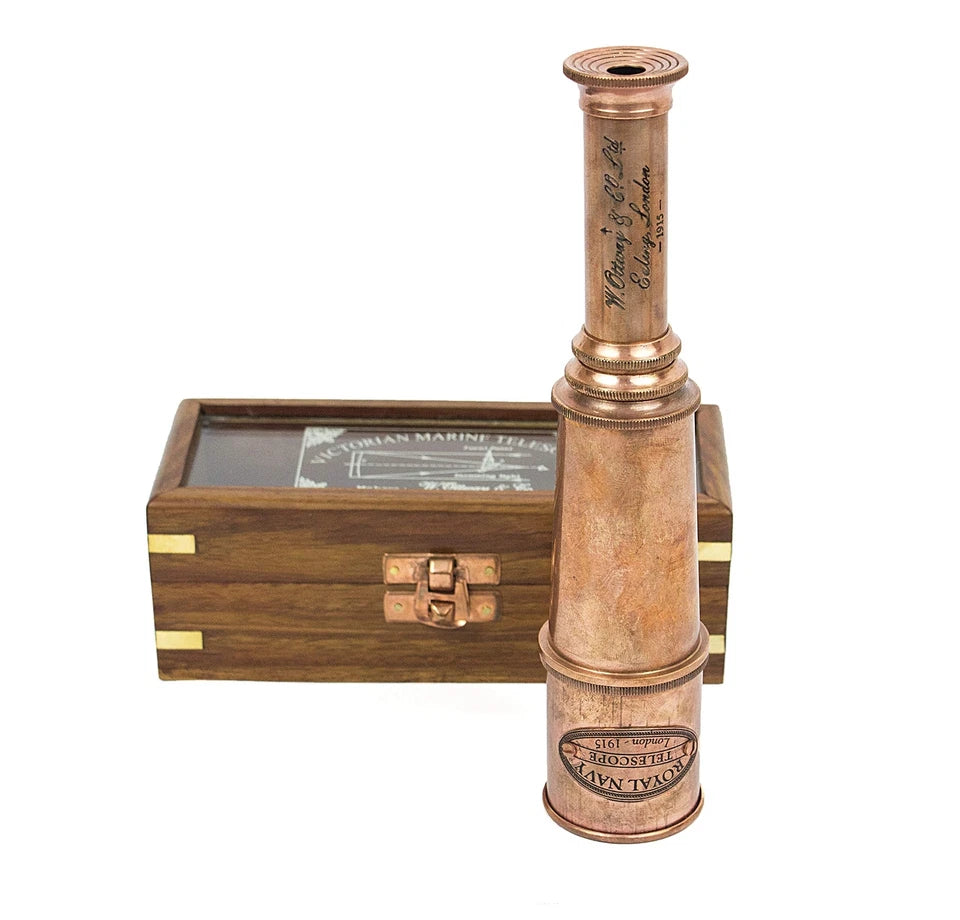 Side view of the Artisans Hub copper antique Royal Navy telescope