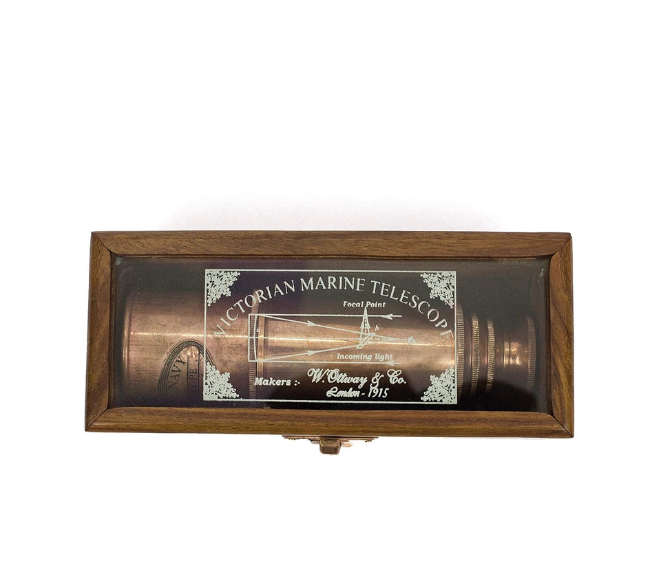 Handmade wooden box with glass cover and etched telescope diagram by Artisans Hub