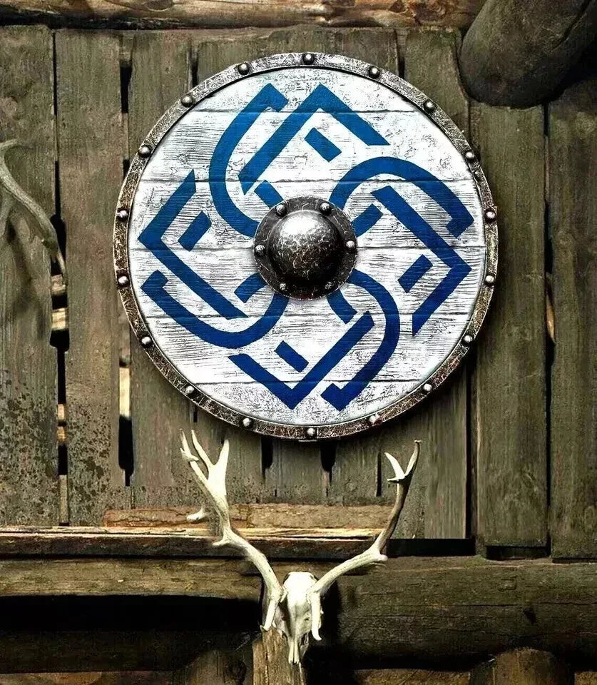 Front view of Artisans Hub Viking round wooden shield with steel accents