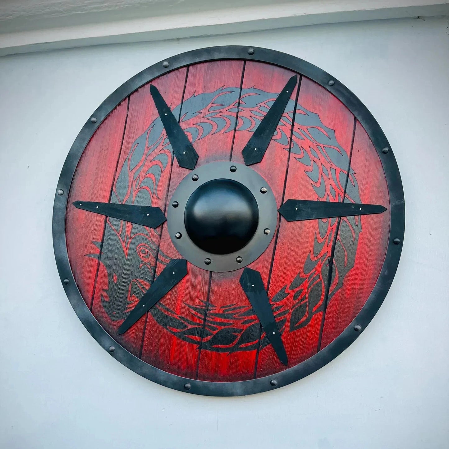 Front view of 24-inch Medieval Viking Wooden Dragon Shield by Artisans Hub