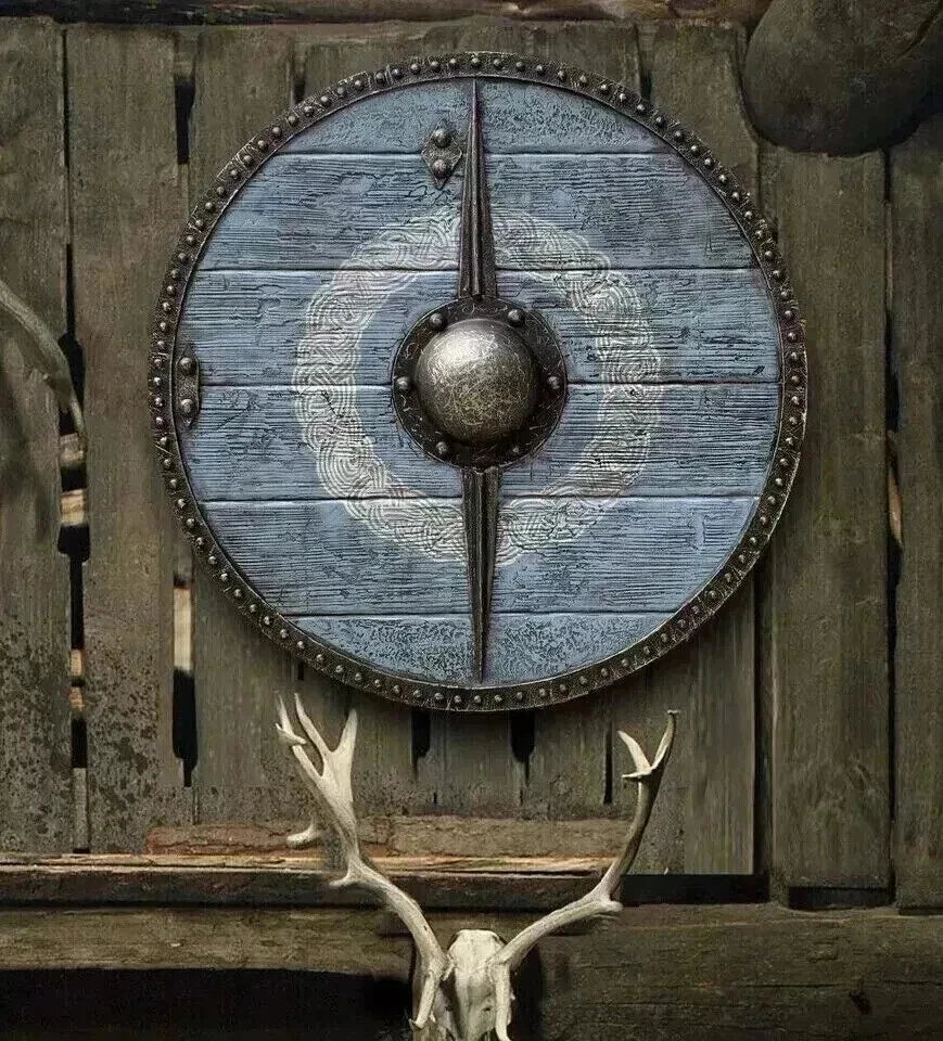 Front view of 24-inch Viking Wooden Shield handmade by Artisans Hub